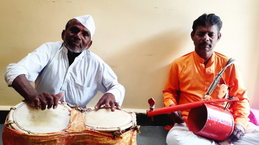 Combined photograph of traditional Maharashtrian folk instruments including the Sambal twin-drum and Ektari string resonator used in Gondhal rituals